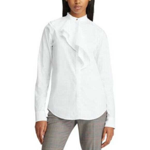 Lauren Ralph Lauren Tops - Ralph Lauren White “Vastia” Ruffle Top, Gold Button Accents, Petite, NWT